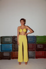 Lemon Yellow Flared Pants with Cording Detailing