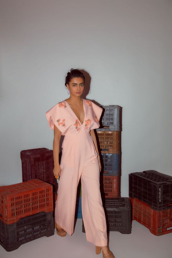 Peach Jumpsuit with Hand Embroidered Yoke