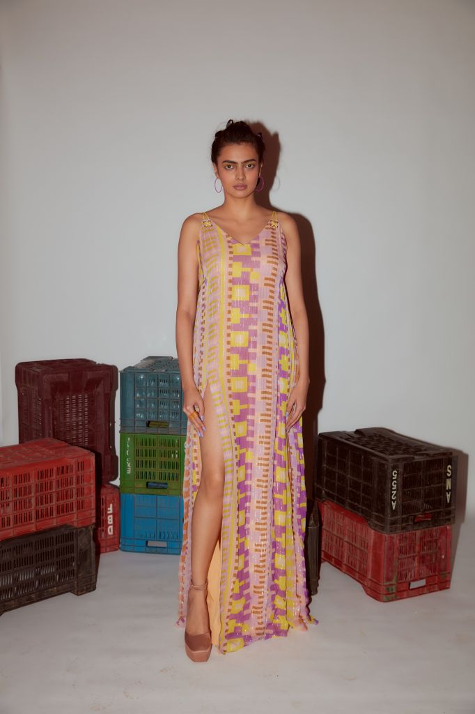 Geometric Printed Lurex Maxi With Rivet Detailing And Hand Embriodered Tassels