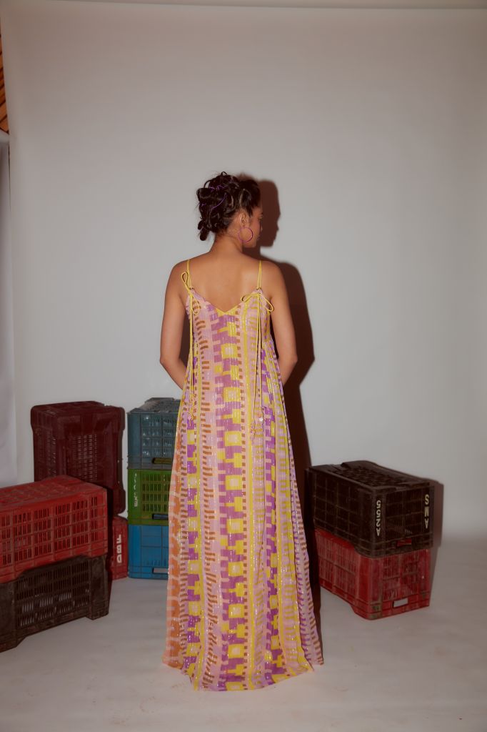 Geometric Printed Lurex Maxi With Rivet Detailing And Hand Embriodered Tassels