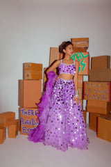 Lilac Hand Embroidered Sequin Bralet with Lehenga and Double Layered Ruffle Dupatta