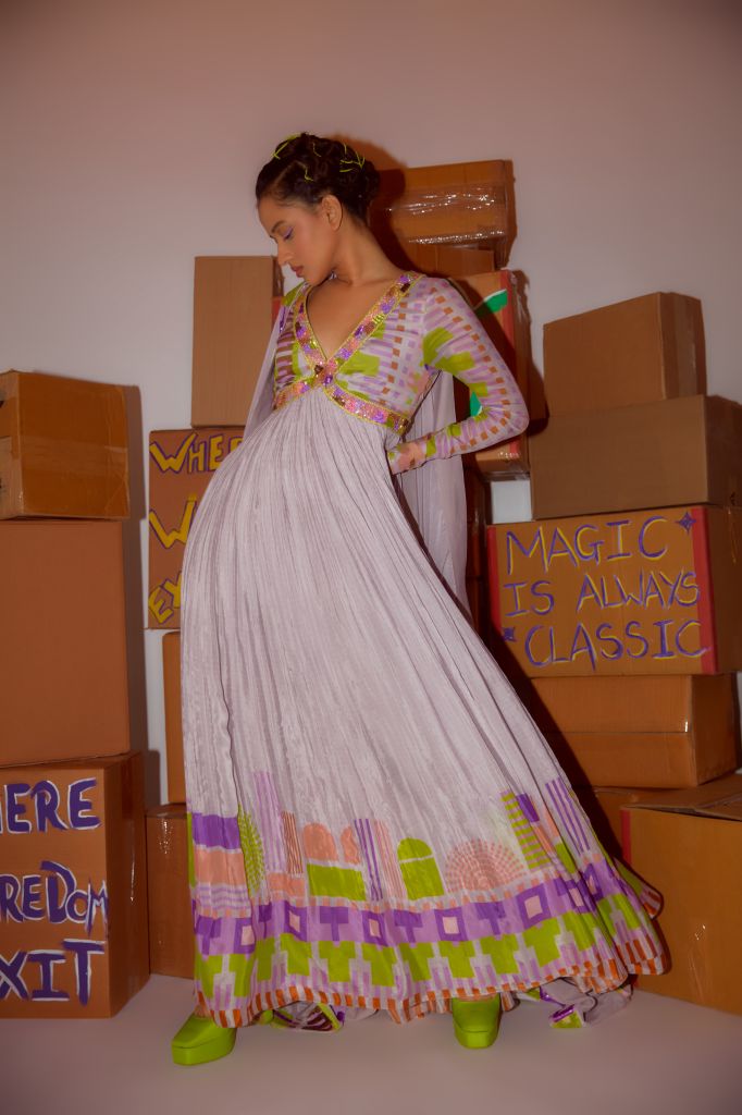 Geometric Printed Anarkali with Hand Embroidered Neckline and Dupatta