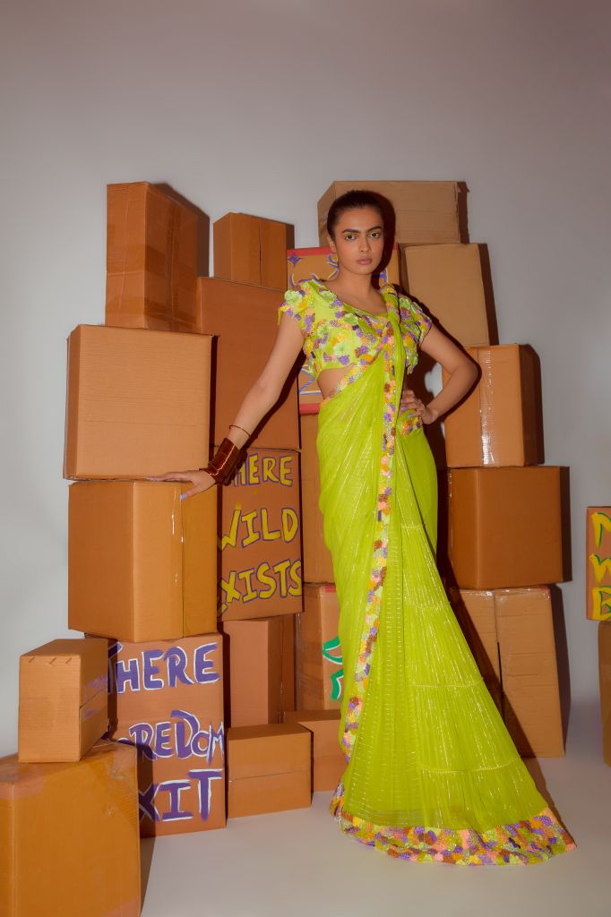 Neon Hand Embroidered Blouse and Pre-Draped Saree with Cording detailing