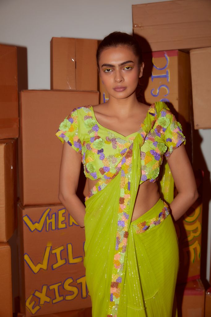 Neon Hand Embroidered Blouse and Pre-Draped Saree with Cording detailing