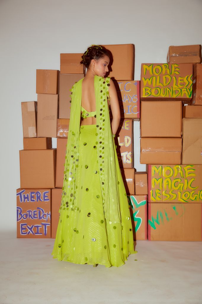 Neon Hand Embroidered Sequin Blouse with Sequin Lehenga and Sequin Dupatta