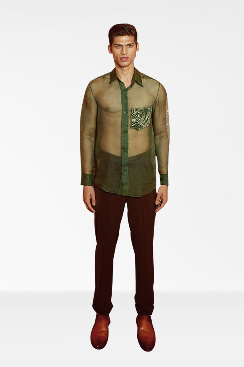 Green Organza Shirt with Lurex Cording detailing on Pocket and Brown Micro Pants With Zip detailing
