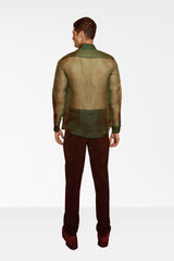 Green Organza Shirt with Lurex Cording detailing on Pocket and Brown Micro Pants With Zip detailing