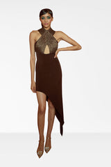 Brown Micro Dress With Halter Neck Cording and Asymmetrical Hemline