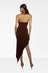 Brown Micro Dress With Halter Neck Cording and Asymmetrical Hemline