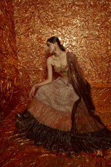 Tri Colour Tiered Lehenga with Embroidered Bustier and Dupatta