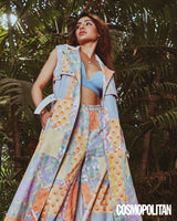 Samantha Prabhu in Nirmooha's Multi-Geo Printed Denim Trench with Belt, Pants and Ice Blue Bralet