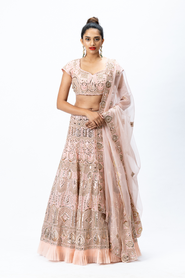 Dusty Pink Hand-embroidered Lehenga paired with Hand-embroidered Blouse with back tie-up and Hand-embroidered Dupatta with Buttis