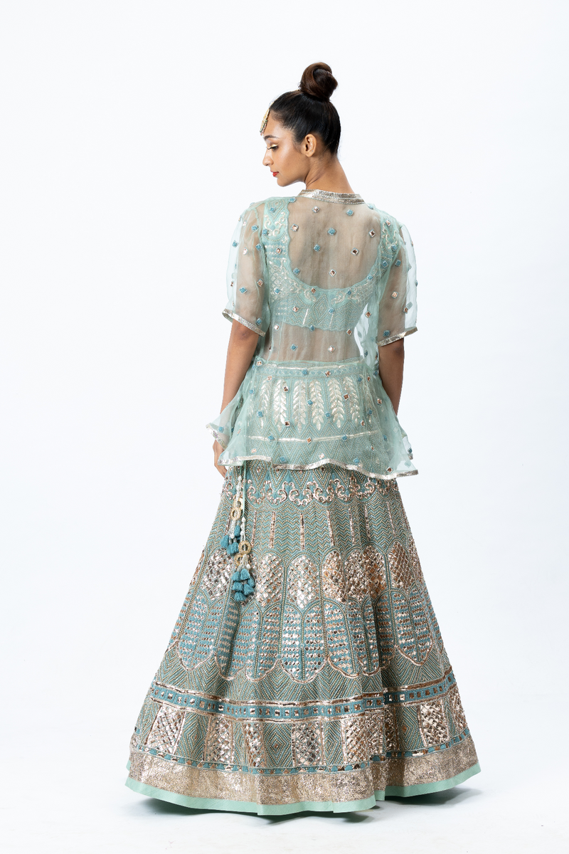 Mint Green Hand-embroidered Lehenga paired with Hand-embroidered Blouse, Hand-embroidered Dupatta and Hand-embroidered Jacket with Buttis