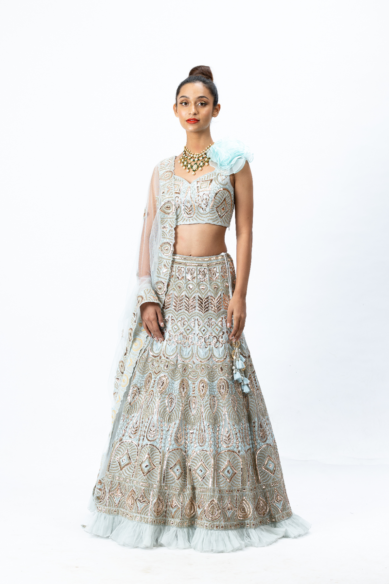 Powder Blue Hand-embroidered Lehenga paired with Hand-embroidered Blouse with 3D flower detailing and Hand- Embroidered Dupatta with buttis