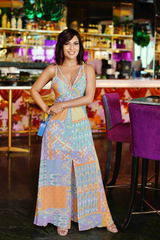 Miss Malini in Multi-Geo Printed Drape Maxi with Embroidered Sequin Straps