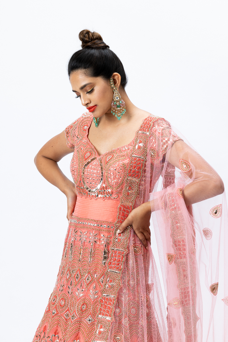 Coral Hand-embroidered Gown with Churidaar and Hand-embroidered Dupatta with Buttis