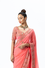 Coral Hand-embroidered Sari paired with Hand-embroidered Blouse and Petticoat