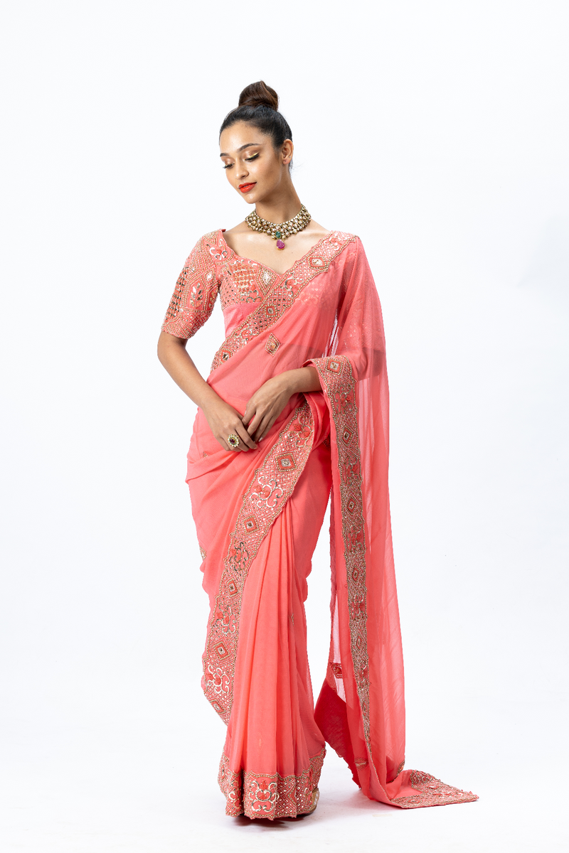 Coral Hand-embroidered Sari paired with Hand-embroidered Blouse and Petticoat