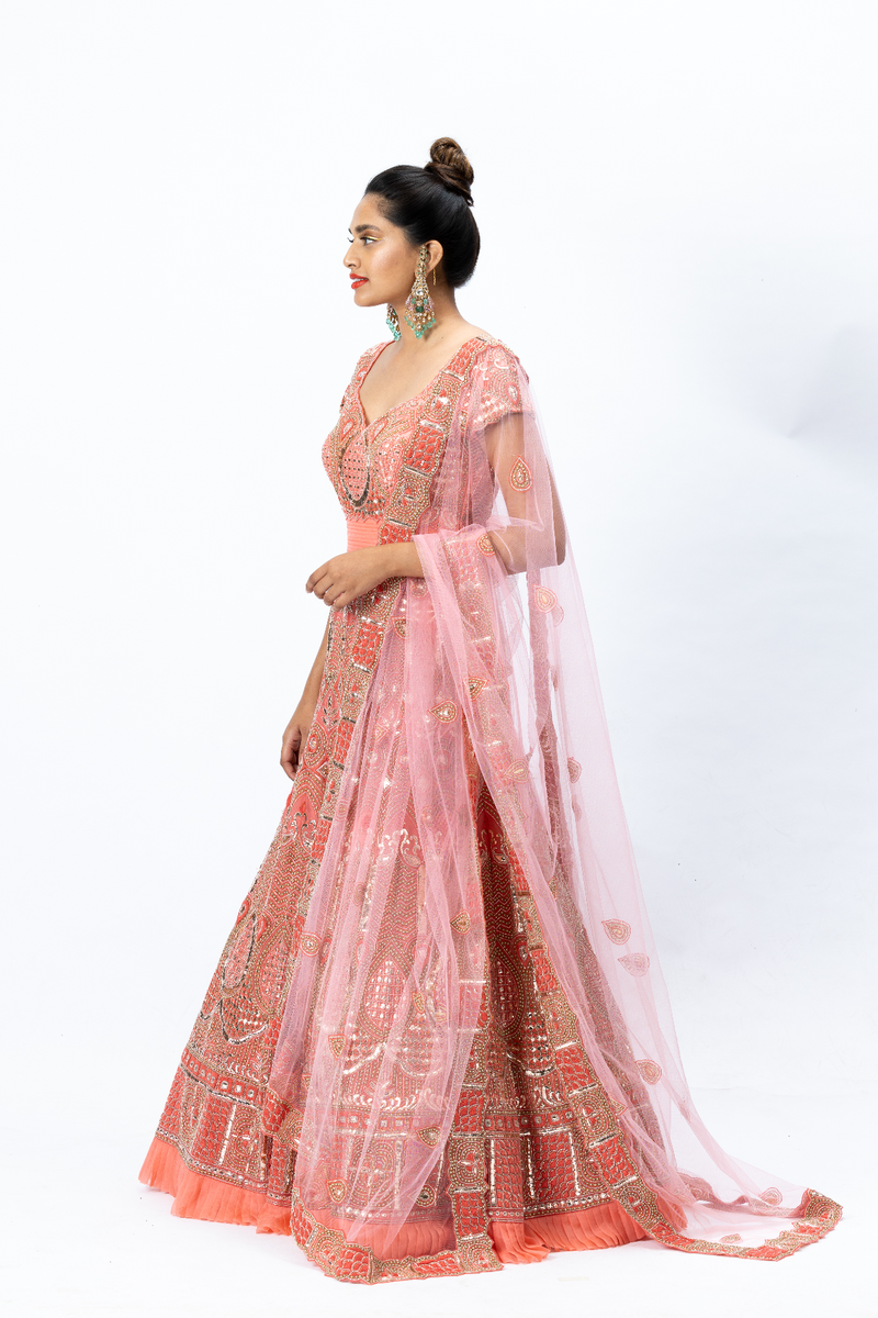 Coral Hand-embroidered Gown with Churidaar and Hand-embroidered Dupatta with Buttis