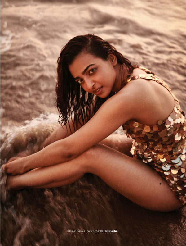 Radika Aptey in Bazzar shoot wearing Ancienne's Golden Sequins Leotard