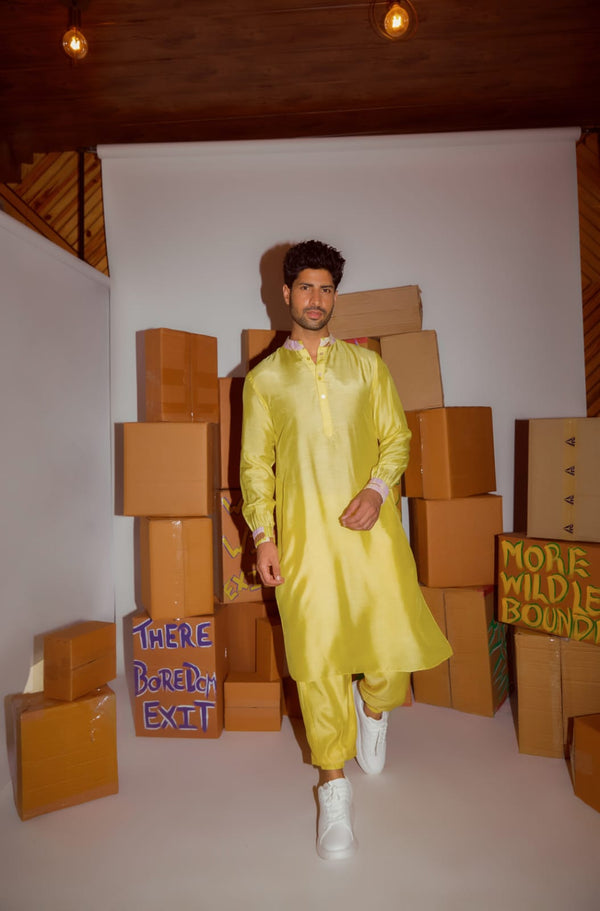 Yellow Kurta with Printed Cuff Detailing and Bomber Pants