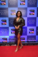 Regina Cassandra in Nirmooha's Brown Lurex Overlapping Draped Dress from the Ancienne Collection
