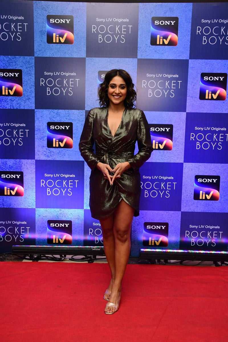 Regina Cassandra in Nirmooha's Brown Lurex Overlapping Draped Dress from the Ancienne Collection