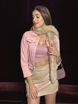 Ananya Panday in our custom made Pink Shimmer Asymmetrical Top with Beige Fux Leather Mini Skirt