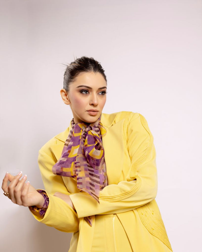 Hansika Motwani in Nirmooha's Lemon Yellow Blazer with Cording Detailing Suit and Geometric Printed Organza Tie Up Top with ruffle detailing from Magical Wilderness Collection