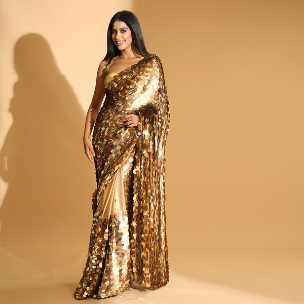 Ritika Khatnani in Nirmooha's Golden Sequin Hand-Embroidered Saree with Blouse and Petticoat|Anicenne Ethnic